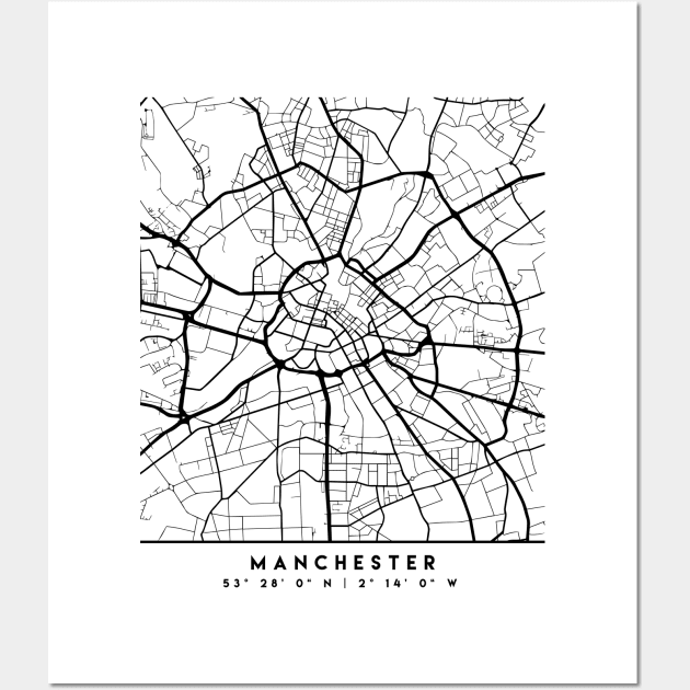 MANCHESTER ENGLAND BLACK CITY STREET MAP ART Wall Art by deificusArt